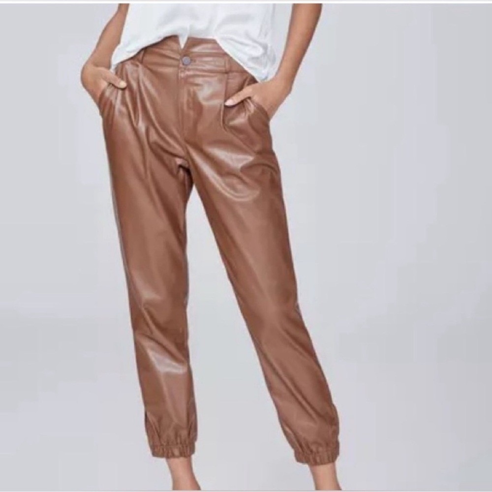 Paige High Rise Pleated Mayslie Jogger Pants, Faux Leather Cognac, Size 10, NEW - Picture 3 of 9